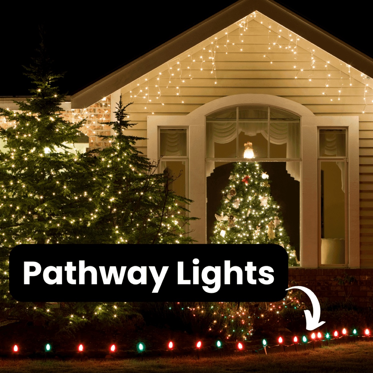 Walkway lined with glowing Christmas lights