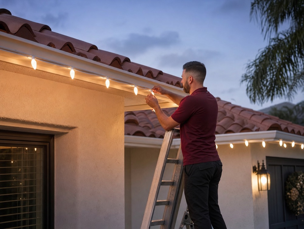 Professional installer clipping C9 Christmas lights along a Florida roof line at dusk