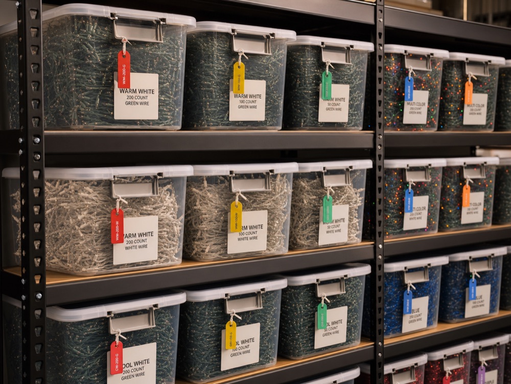 Warehouse shelves of labeled, color-tagged Christmas light storage bins at the Castle facility